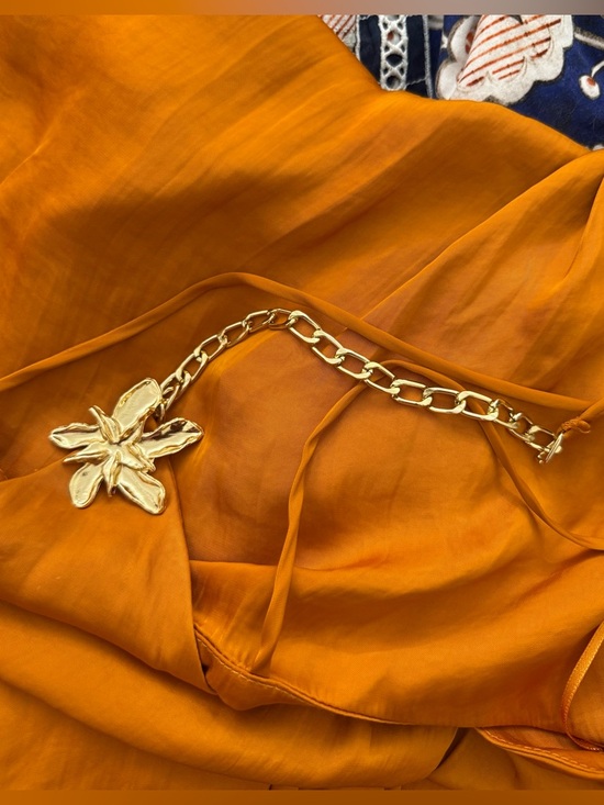 NWT Zara Satin Effect Midi Dress with Gold floral appliqué in Burnt Orange Sz M - Picture 11 of 16